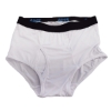 Pair of white mens brief underwear with a black waistband.