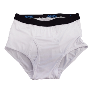 Pair of white men's brief underwear with a black waistband.