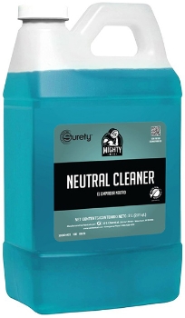 Quart bottle of teal MightyMix neutral cleaner with white cap and green/black label.