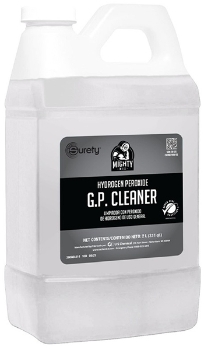 Quart bottle of clear MightyMix G.P. cleaner with white cap and grey/black label.