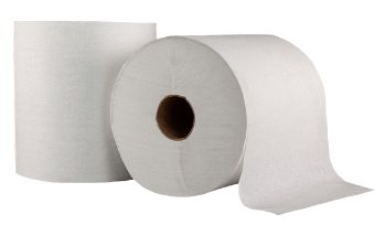 Two thick, white paper towel rolls placed next to each other with the right one laid on its side slightly unrolled.