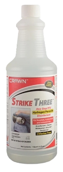 Quart bottle of Strike Three RTU disinfectant with red and grey label.