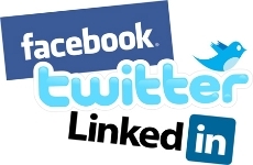 A graphic collage of popular social media logos featuring the Facebook wordmark, a bubble-text Twitter logo with the classic bird icon, and the LinkedIn logo.