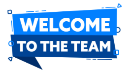 A vector graphic banner reading "WELCOME TO THE TEAM" in bold white text across two overlapping light and dark blue ribbons, set against a plain white background with small geometric outline accents.