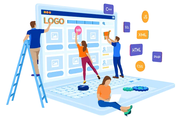 An illustration representing website development and revamp. A team of people works together on a giant laptop screen, adding elements like a logo, a sale badge, and a shopping cart, surrounded by floating coding tags like HTML, CSS, and JS.